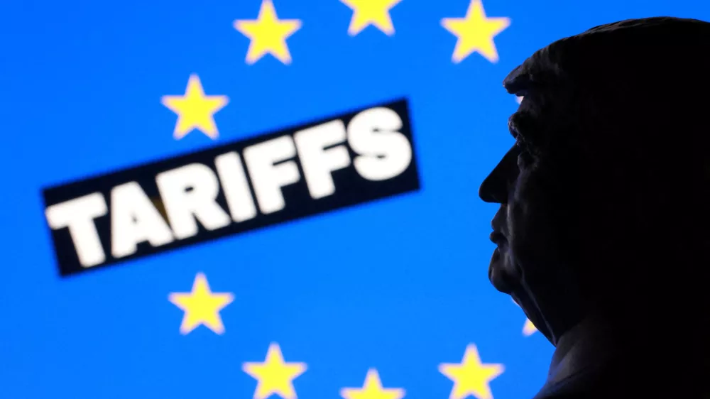 FILE PHOTO: A 3D-printed miniature model of U.S. President Donald Trump, the EU flag and the word "Tariffs" appear in this illustration taken January 17, 2026. REUTERS/Dado Ruvic/Illustration/File Photo