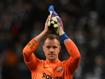 FILED - 07 April 2022, Hesse, Frankfurt/M.: Barcelona goalkeeper Marc-Andre ter Stegen is pictured after the 2022 UEFA Europa League quarter final soccer match between Eintracht Frankfurt and FC Barcelona at Deutsche Bank Park. Goalkeeper Marc-Andr&eacute; ter Stegen will have to wait a little longer for his Barcelona comeback despite recovering from a long-term knee injury. Photo: Arne Dedert/dpa