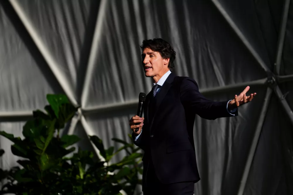 Former Prime Minister Justin Trudeau delivers a speech during the World Economic Forum in Davos, Switzerland on Tuesday, Jan. 20, 2026. (Sean Kilpatrick/The Canadian Press via AP)