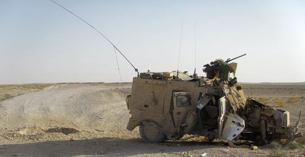 This photo, provided by Martin Tamm Andersen, a former Platoon Leader of the US Marines, shows a destroyed Army vehicle in Helmand Province, Afghanistan, Aug. 19, 2010. (Martin Tamm Andersen via AP)