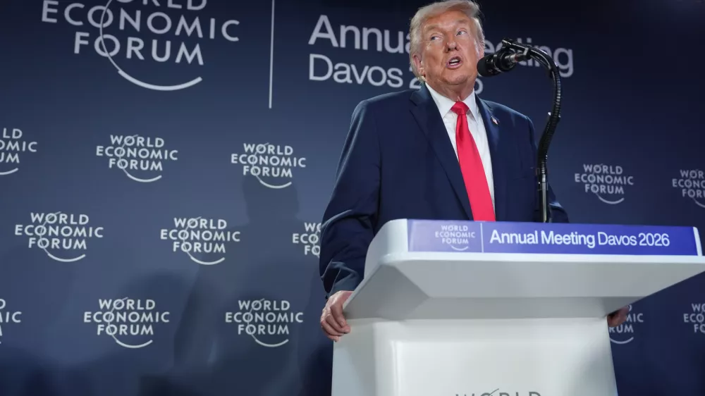 President Donald Trump speaks during a meeting of Global Business Leaders at the Annual Meeting of the World Economic Forum in Davos, Switzerland, Wednesday, Jan. 21, 2026. (AP Photo/Evan Vucci)