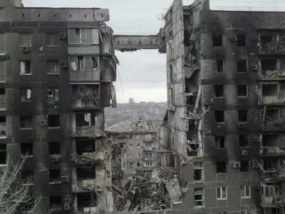 A view shows a residential building destroyed in the course of Ukraine-Russia conflict in the southern port city of Mariupol, Ukraine April 14, 2022. Picture taken with a drone. REUTERS/Pavel Klimov