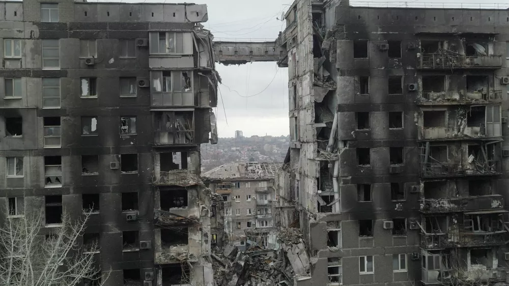 A view shows a residential building destroyed in the course of Ukraine-Russia conflict in the southern port city of Mariupol, Ukraine April 14, 2022. Picture taken with a drone. REUTERS/Pavel Klimov