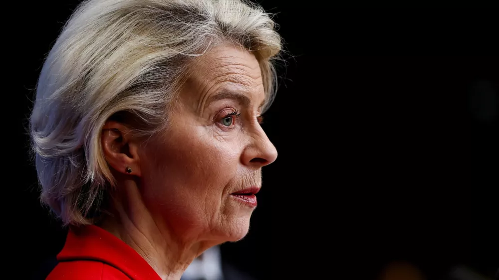 President of the European Commission Ursula von der Leyen participates in a press conference after attending a special summit of European Union leaders to discuss transatlantic relations following U.S. President Donald Trump's threats to impose new tariffs on goods from a list of EU countries over his demand to acquire Greenland, in Brussels, Belgium January 23, 2026. REUTERS/Yves Herman