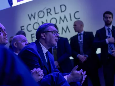 Serbia's President Aleksandar Vucic listens to U.S. President Donald Trump's remarks during the 56th annual World Economic Forum (WEF), in Davos, Switzerland, January 21, 2026. REUTERS/Jonathan Ernst