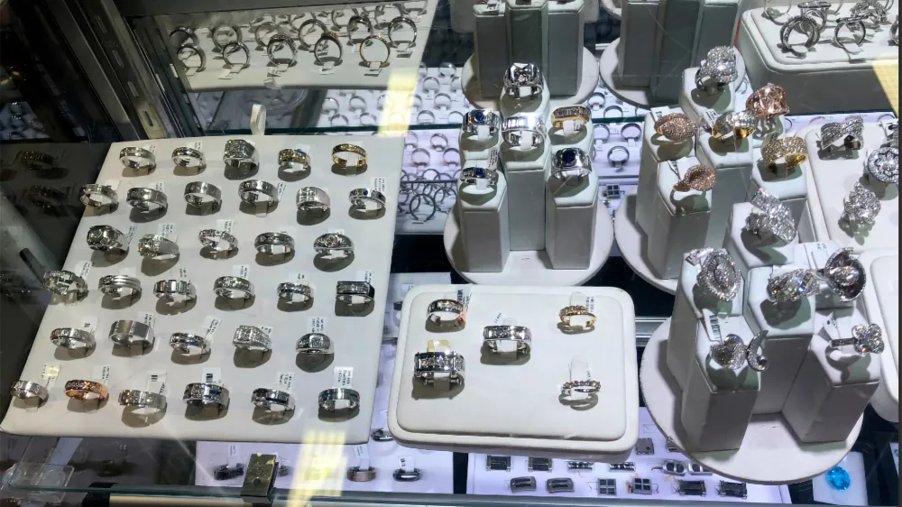 FILE - This undated photo released by the FBI shows a jewelry showcase displaying some of the jewelry that was taken during a July 11, 2022 jewelry heist in Southern California where thieves stole millions of dollars worth of jewelry and gemstones near a rest stop in the unincorporated community of Lebec, Calif. (FBI via AP, File)