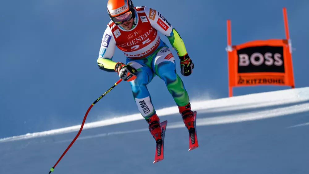 Slovenia's Miha Hrobat speeds down the course during a men's World Cup super-G, in Kitzbuehel, Friday, Jan. 23, 2026. (AP Photo/Gabriele Facciotti)