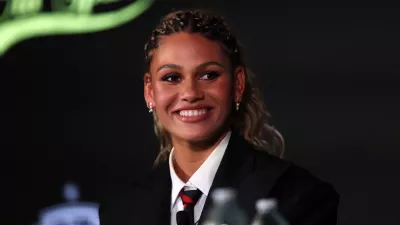 Jan 22, 2026; Los Angeles, California, USA; Trinity Rodman of the Washington Spirit answers questions during a press conference at BMO Stadium. Mandatory Credit: Kiyoshi Mio-Imagn Images