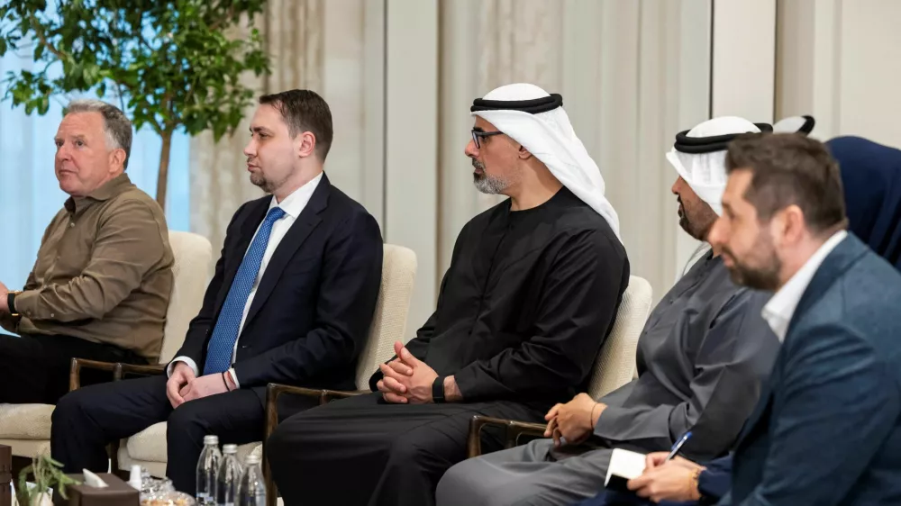 Steve Witkoff, United States Special Envoy, Kirill Budanov, Director of the Office of the President of Ukraine, Sheikh Khaled bin Mohamed bin Zayed Al Nahyan, Crown Prince of Abu Dhabi and Chairman of Abu Dhabi Executive Council, and Sheikh Theyab bin Mohamed bin Zayed Al Nahyan, Chairman of the Office of Development and Martyrs Families Affairs at the Presidential Court, attend a meeting with HH Sheikh Mohamed bin Zayed Al Nahyan, President of the United Arab Emirates (not shown), and heads of delegations participating in the UAE-hosted trilateral talks between the United States, Russia and Ukraine, at Al Shati Palace in Abu Dhabi, United Arab Emirates, January 23, 2026. Hamad Ryan Carter/UAE Presidential Court/Handout via REUTERS THIS IMAGE HAS BEEN SUPPLIED BY A THIRD PARTY