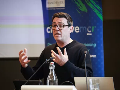 Mayor of Greater Manchester Andy Burnham speaking at the launch of Class Ceiling in Manchester, England, Monday, Jan. 26, 2026. (James Speakman/PA via AP)