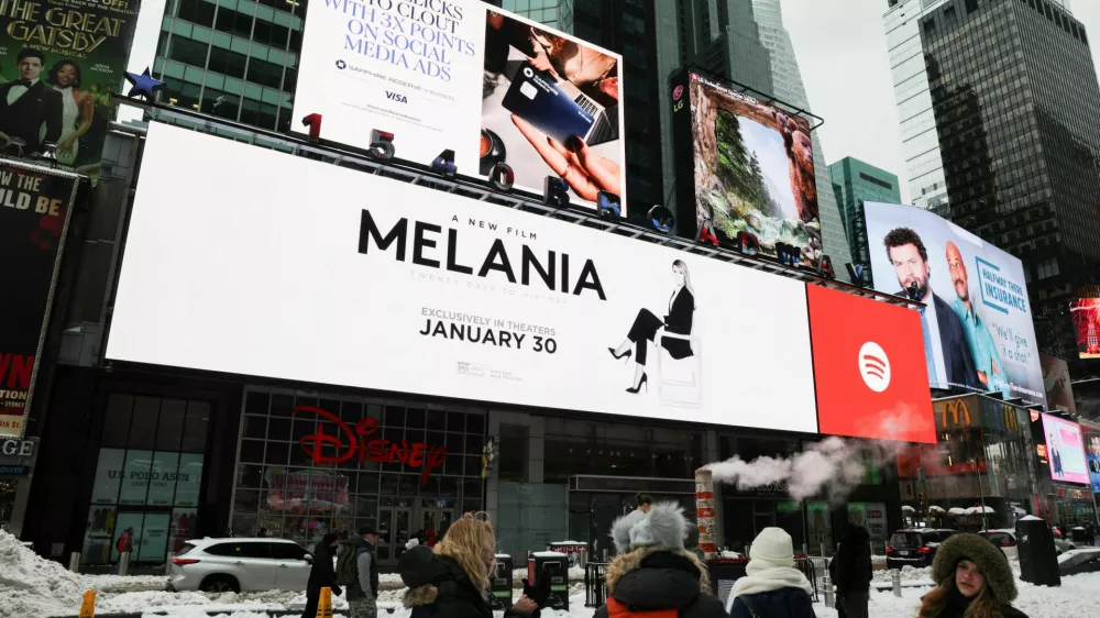 A movie poster for the documentary "Melania" featuring U.S. first lady Melania Trump is displayed in New York, U.S., January 26, 2026. REUTERS/Jeenah Moon
