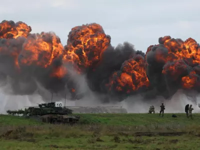 Smoke billows from a blast near Polish Abrams tank as Polish forces with NATO soldiers hold military exercises 'Iron Defender' at a military range in Wierzbiny near Orzysz, Poland, September17, 2025. REUTERS/Kacper Pempel