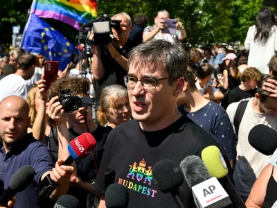 FILE - Budapest Mayor Gergely Karacsony speaks to the media in front of the National Investigation Bureau in Budapest, Hungary, Friday, Aug. 1, 2025. (Tamas Purger/MTI via AP, File)
