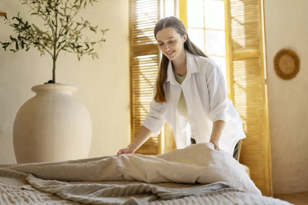 Smiling housekeeper making a bed with fresh linen in a hotel room or vacation rental apartment