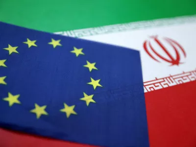 FILE PHOTO: European Union and Iran flags are seen in this illustration taken June 18, 2025. REUTERS/Dado Ruvic/Illustration/File Photo
