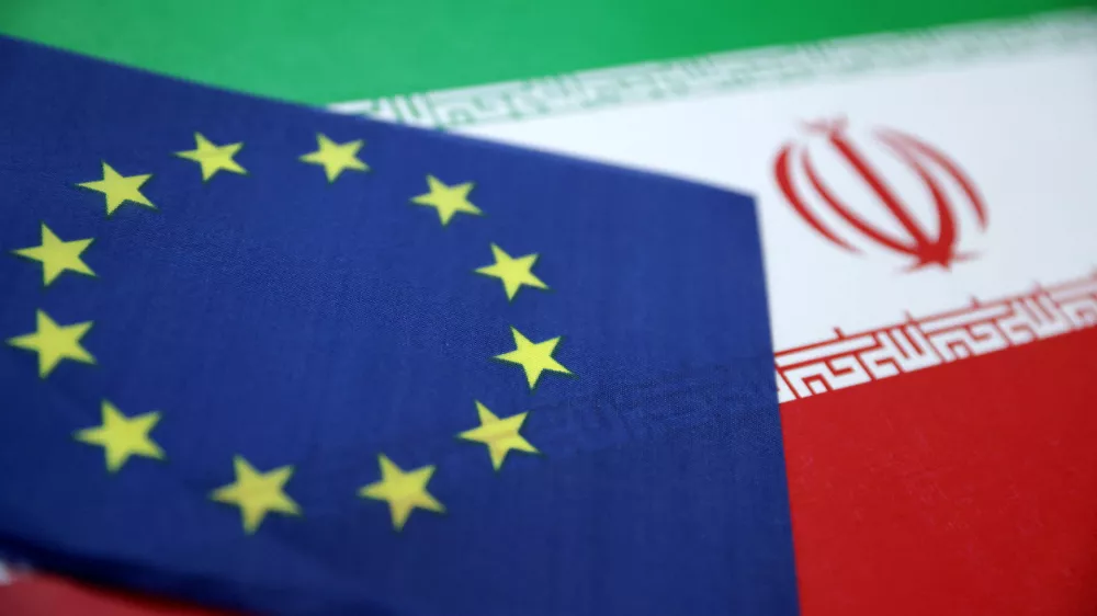 FILE PHOTO: European Union and Iran flags are seen in this illustration taken June 18, 2025. REUTERS/Dado Ruvic/Illustration/File Photo