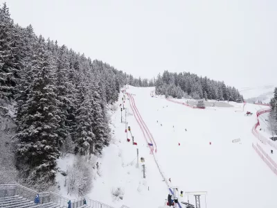 A view of the course after an alpine ski, women's World Cup downhill training was cancelled due to bad weather, in Crans Montana, Switzerland, Thursday, Jan. 29, 2026. (AP Photo/Giovanni Auletta)