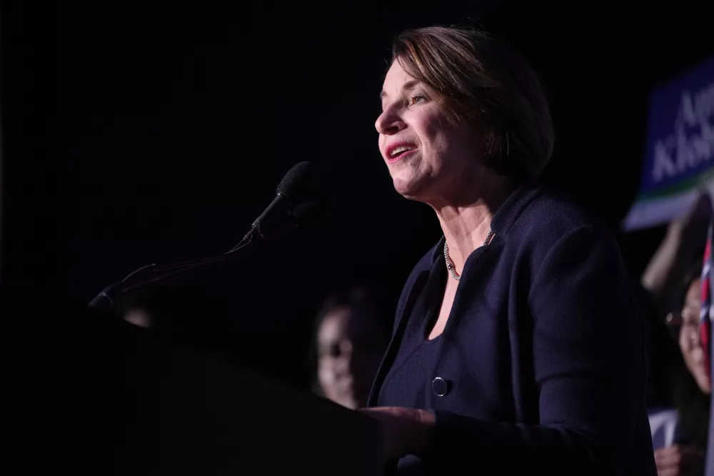 Sen. Amy Klobuchar speaks at the DFL election night watch party, Tuesday, Nov. 5, 2024, in St. Paul, Minn. (AP Photo/Abbie Parr)