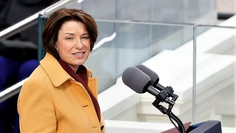Sen. Amy Klobuchar (D-MN) speaks during the inauguration of Joe Biden as the 46th President of the United States on the West Front of the U.S. Capitol in Washington, U.S., January 20, 2021. REUTERS/Brendan McDermid
