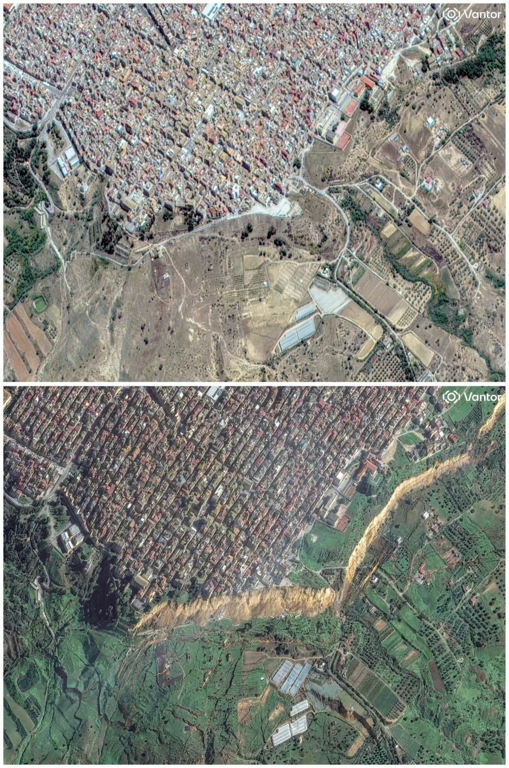 A combination of satellite images shows an area affected by a landslide before (above) and after, in Niscemi, Italy May 4, 2024, and January 27, 2026. &copy;2026 Vantor/Handout via REUTERS THIS IMAGE HAS BEEN SUPPLIED BY A THIRD PARTY. MANDATORY CREDIT. NO RESALES. NO ARCHIVES. DO NOT OBSCURE LOGO.