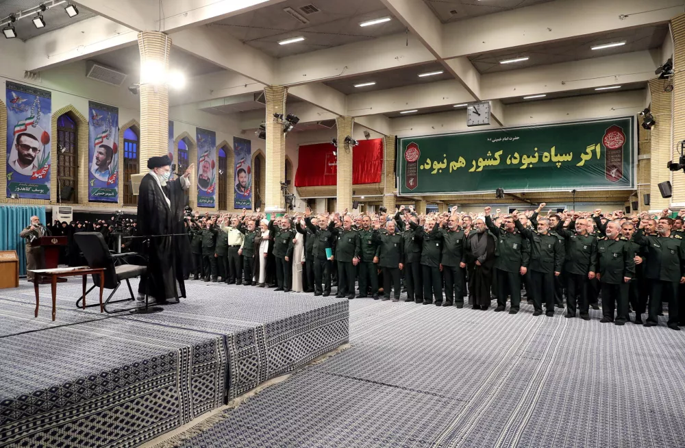 FILE PHOTO: Iran's Supreme Leader Ayatollah Ali Khamenei meets with commanders and a group of members of the Islamic Revolutionary Guard Corps in Tehran, Iran August 17, 2023. Office of the Iranian Supreme Leader/WANA (West Asia News Agency) via REUTERS ATTENTION EDITORS - THIS PICTURE WAS PROVIDED BY A THIRD PARTY/File Photo