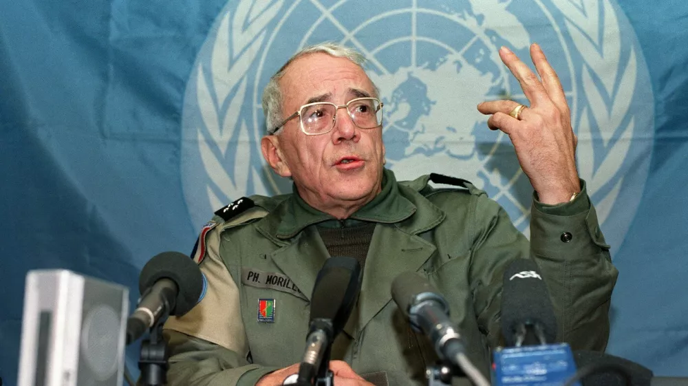 (FILES) French General Philippe Morillon, head of the U.N forces in Bosnia-Hercegovina (UNPROFOR), gestures during a press conference, 06 March 1993 in Sarajevo, after coming back from the besieged Moslem enclave of Cerska where he spent a few hours in a bid to ease the plight of inhabitants under siege from hostile Serbian forces. General Philippe Morillon, former commander of UN forces in Bosnia, died January 29, 2026 at the age of 90, the French army and the Minister of the Armed Forces announced on X.,Image: 1070548629, License: Rights-managed, Restrictions:, Model Release: no