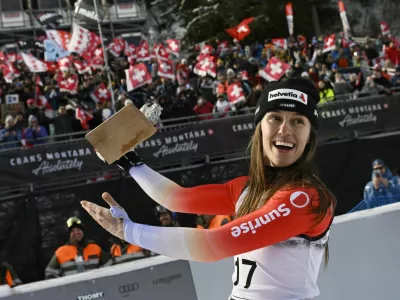 Alpine Skiing - FIS Alpine Ski World Cup - Women's Super G - Crans-Montana, Switzerland - January 31, 2026 Switzerland's Malorie Blanc celebrates after winning the Women's Super G REUTERS/Romina Amato