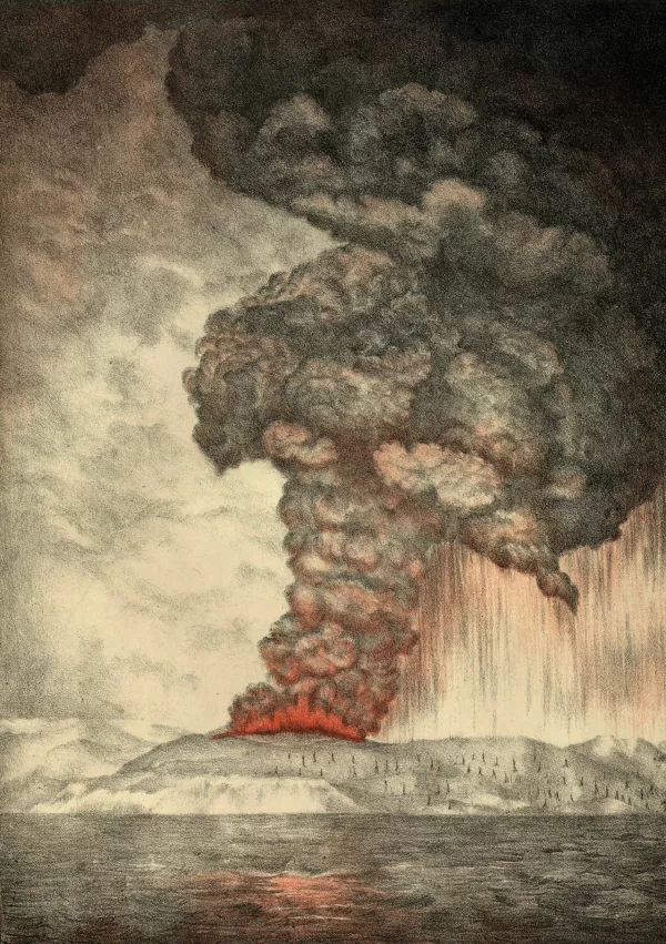 Litografija iz leta, ko je vulkan pojedel cel otok. / Foto: Wikipedia