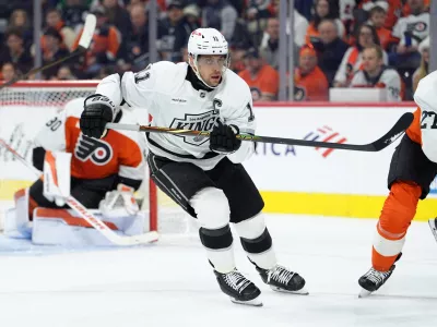 Jan 31, 2026; Philadelphia, Pennsylvania, USA; Los Angeles Kings center Anze Kopitar (11) in action against the Philadelphia Flyers in the first period at Xfinity Mobile Arena. Mandatory Credit: Kyle Ross-Imagn Images
