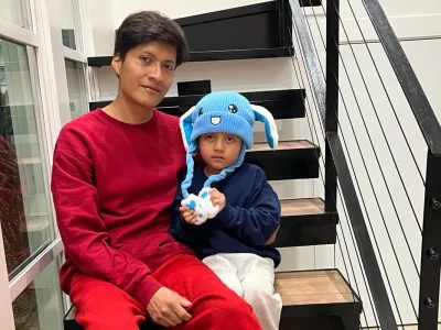 In this photo released by U.S. Rep. Joaquin Castro, D-TX, Adrian Conejo Arias and his son, five-year-old Liam Conejo Ramos are seen in San Antonio, Texas, Saturday, Jan. 31, 2026, after being released from Dilley detention center. (Joaquin Castro via AP)