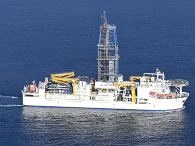 The Japan Agency for Marine-Earth Science and Technology's deep-sea drilling vessel Chikyu is seen at Shimizu Port in Shizuoka, central Japan, on Jan. 12, 2026. (Mizuki Ikari/Kyodo News via AP)