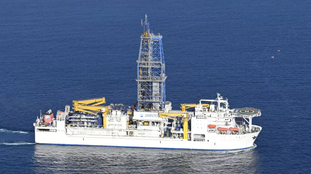 The Japan Agency for Marine-Earth Science and Technology's deep-sea drilling vessel Chikyu is seen at Shimizu Port in Shizuoka, central Japan, on Jan. 12, 2026. (Mizuki Ikari/Kyodo News via AP)