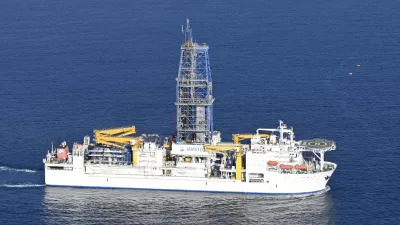 The Japan Agency for Marine-Earth Science and Technology's deep-sea drilling vessel Chikyu is seen at Shimizu Port in Shizuoka, central Japan, on Jan. 12, 2026. (Mizuki Ikari/Kyodo News via AP)