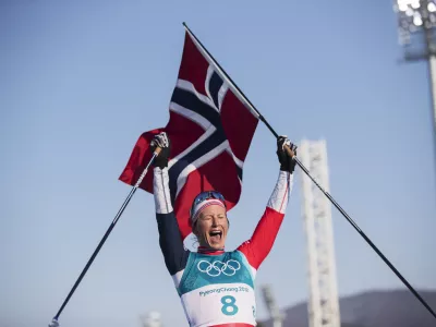 PYEONGCHANG-GUN, SOUTH KOREA - FEBRUARY 25: Marit Bjoergen of Norway celebrates her gold during womens 30k Mass Start Classic Technique at Alpensia Cross-Country Centre on February 25, 2018 in Pyeongchang-gun, South Korea. (Photo by Nils Petter Nilsson/Getty Images)