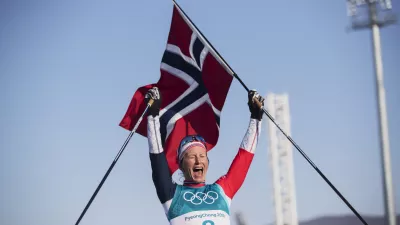 PYEONGCHANG-GUN, SOUTH KOREA - FEBRUARY 25: Marit Bjoergen of Norway celebrates her gold during womens 30k Mass Start Classic Technique at Alpensia Cross-Country Centre on February 25, 2018 in Pyeongchang-gun, South Korea. (Photo by Nils Petter Nilsson/Getty Images)