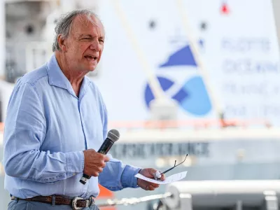 June 11, 2025, Nice, France, France: RAY DALIO, FOUNDER AND ADVISOR OF OCEANX, speaks to guests aboard the cutting-edge research vessel, which combines deep-sea science with real-time media. Equipped with advanced, low-impact technology, the ship enables live data collection and public engagement without disrupting fragile ocean ecosystems.,Image: 1009834910, License: Rights-managed, Restrictions:, Model Release: no
