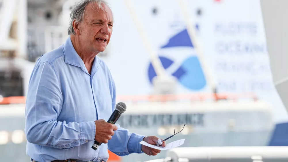 June 11, 2025, Nice, France, France: RAY DALIO, FOUNDER AND ADVISOR OF OCEANX, speaks to guests aboard the cutting-edge research vessel, which combines deep-sea science with real-time media. Equipped with advanced, low-impact technology, the ship enables live data collection and public engagement without disrupting fragile ocean ecosystems.,Image: 1009834910, License: Rights-managed, Restrictions:, Model Release: no