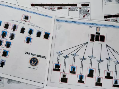 A document that was included in the U.S. Department of Justice release of the Jeffrey Epstein files, photographed Monday, Feb. 2, 2026, shows a diagram prepared by the FBI attempting to chart the network of Epstein's victims and the timeline of their alleged abuse. (AP Photo/Jon Elswick)