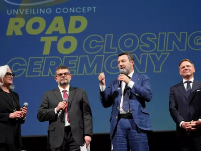 Matteo Salvini, second from right, speaks a during the press conference to present the closing ceremony of the Milano Cortina 2026 Winter Olympics, Thursday, Nov. 6, 2025, in Verona, Italy. (Spada/LaPresse via AP)