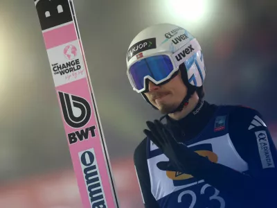 Ski Jumping - FIS Ski Jumping World Cup - Klingenthal, Germany - December 13, 2025 Norway's Johann Andre Forfang reacts after the men's individual second round REUTERS/Lisi Niesner