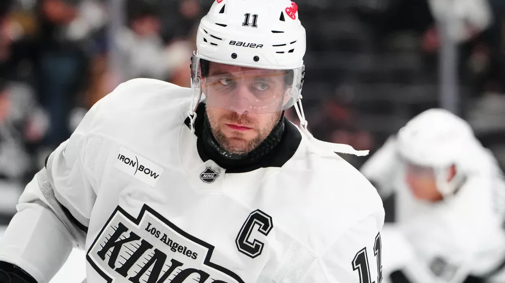 Feb 5, 2026; Las Vegas, Nevada, USA; Los Angeles Kings center Anze Kopitar (11) warms up before the start of a game against the Vegas Golden Knights at T-Mobile Arena. Mandatory Credit: Stephen R. Sylvanie-Imagn Images