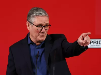 British Prime Minister Keir Starmer delivers a speech at Horntye Park Sports Complex in St Leonards, Britain, February 05, 2026. Peter Nicholls/Pool via REUTERS