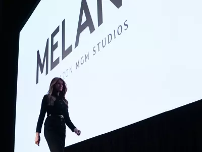 FILE - First lady Melania Trump exits the stage after speaking before the premiere of her movie "Melania" at The John F. Kennedy Memorial Center for the Performing Arts in Washington, Jan. 29, 2026. (AP Photo/Allison Robbert, File)