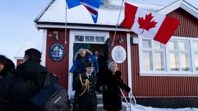 Canadian Governor General Mary Simon, right, leaves the newly opened Canadian consulate in Nuuk, Greenland, on Friday, Feb. 6, 2026. (Christinne Muschi/The Canadian Press via AP)
