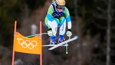 Slovenia's Ilka Stuhec speeds down the course during an alpine ski women's downhill training, at the 2026 Winter Olympics, in Cortina d'Ampezzo, Italy, Saturday, Feb. 7, 2026. (AP Photo/Robert F. Bukaty)