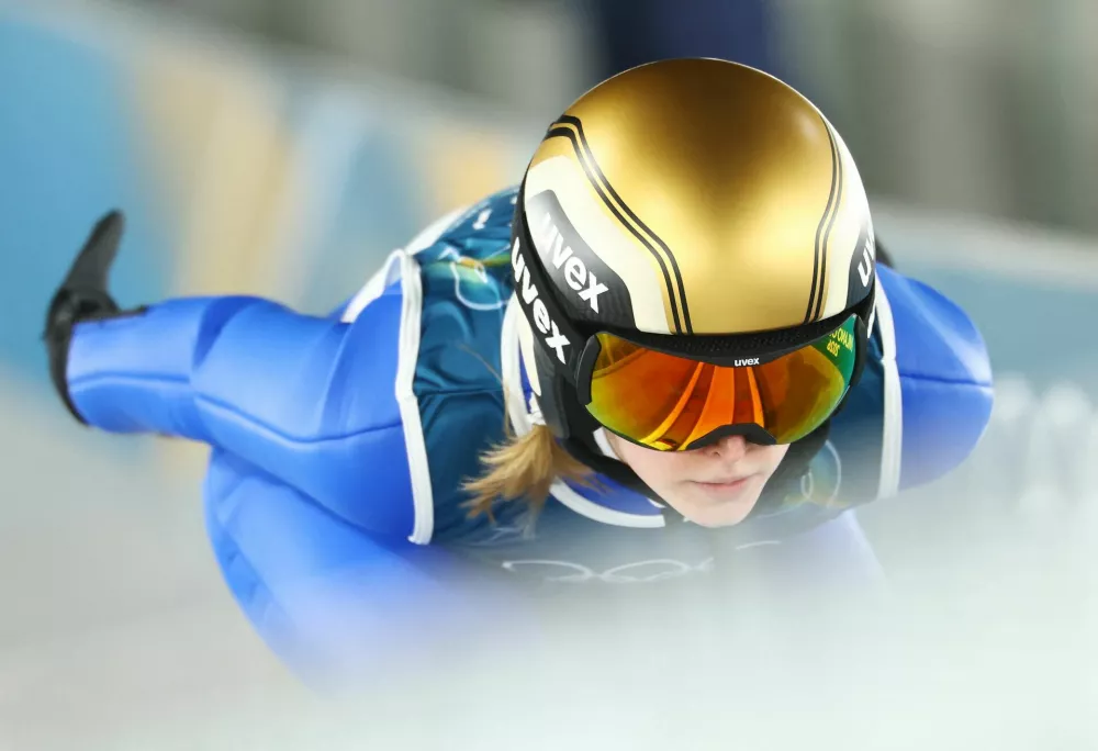 Milano Cortina 2026 Olympics - Ski Jumping - Women's Normal Hill Individual - Trial Round - Predazzo Ski Jumping Stadium, Predazzo, Italy - February 07, 2026. Maja Kovacic of Slovenia in action during the trial round of Women's Normal Hill Individual. REUTERS/Kai Pfaffenbach