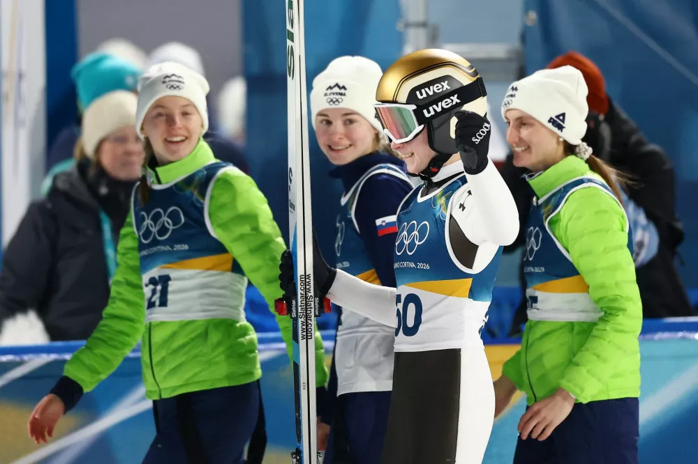 Milano Cortina 2026 Olympics - Ski Jumping - Women's Normal Hill Individual - Predazzo Ski Jumping Stadium, Predazzo, Italy - February 07, 2026. Nika Prevc of Slovenia reacts after her final round at the Women's Normal Hill Individual. REUTERS/Kai Pfaffenbach
