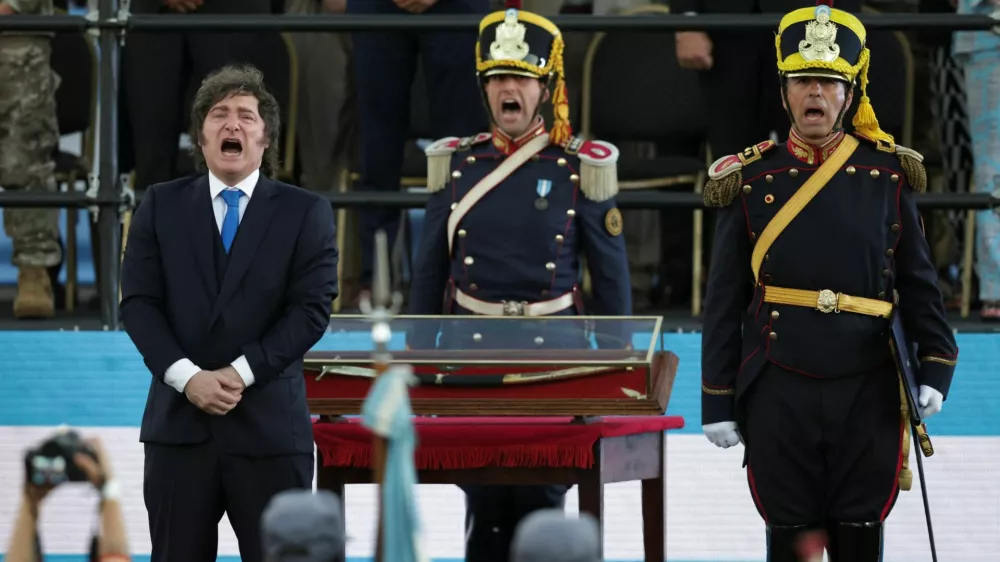 Argentina's President Javier Milei stands in front of the curved sabre that belonged to Argentina's independence leader General Jose de San Martin, during a ceremony to present it to the San Lorenzo regiment, in San Lorenzo, Santa Fe, Argentina, February 7, 2026. REUTERS/Francisco Loureiro   TPX IMAGES OF THE DAY