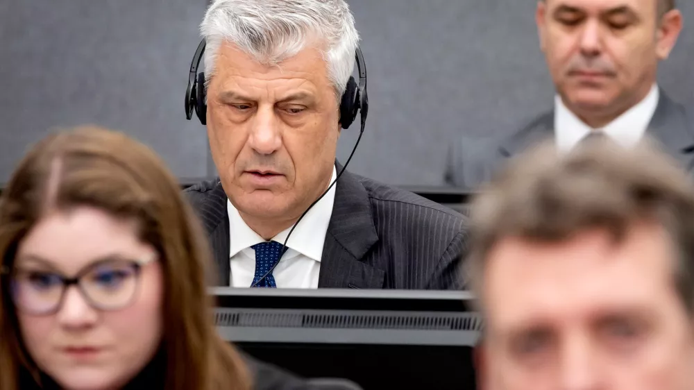 FILE - Former Kosovo president Hashim Thaci, left, appears before the Kosovo Tribunal in the Hague, on April 3, 2023. (Koen van Weel/Pool Photo via AP, File)