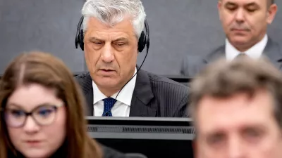 FILE - Former Kosovo president Hashim Thaci, left, appears before the Kosovo Tribunal in the Hague, on April 3, 2023. (Koen van Weel/Pool Photo via AP, File)
